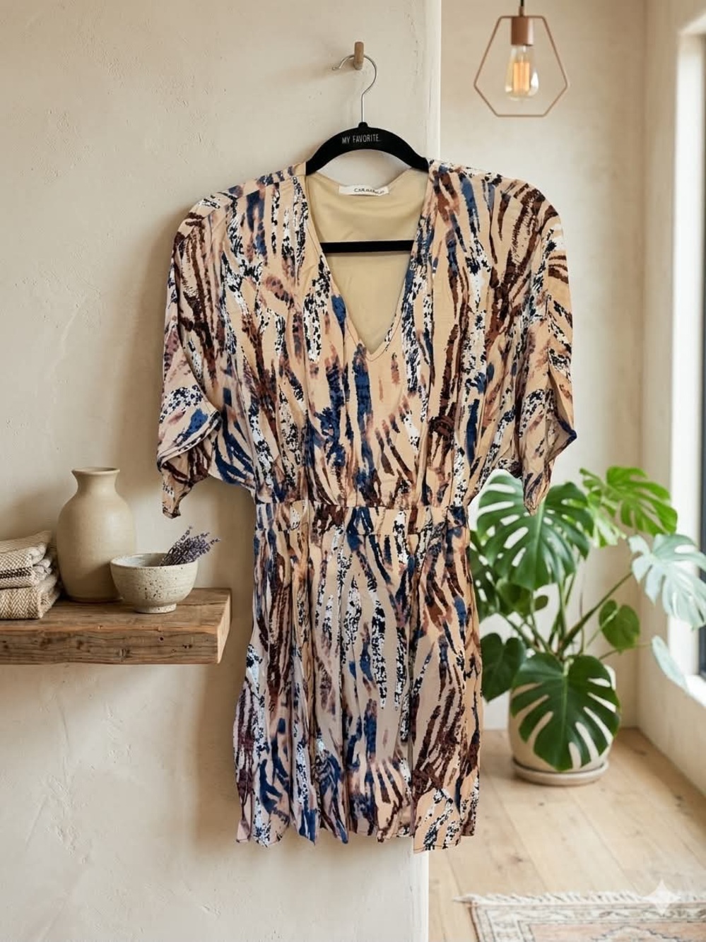 Caramel Beige Abstract Print V-Neck Short Dress Retails $55